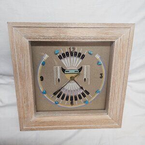 Navajo Sand Art painting Clock hand crafted w/ turquoise stones framed glass